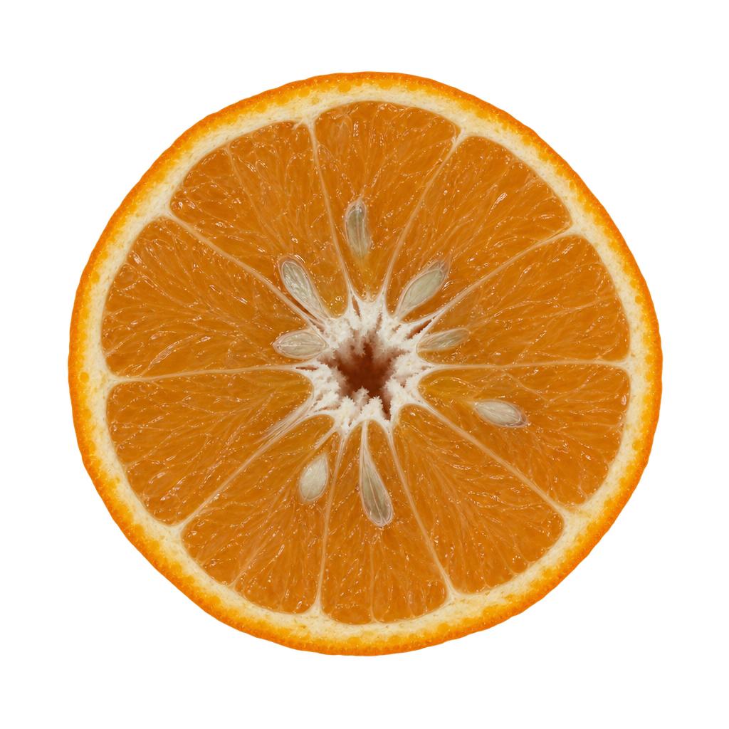 Generated depiction of a Seminole Tangelo equatorial cross section with amber-orange flesh, thin cream pith and slender ivory seeds