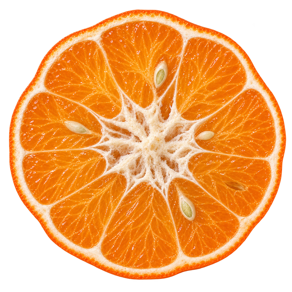 Generated head-on Weshart Tangerine cross section with irregular amber-orange segments, branching cream pith and scattered cut seeds.