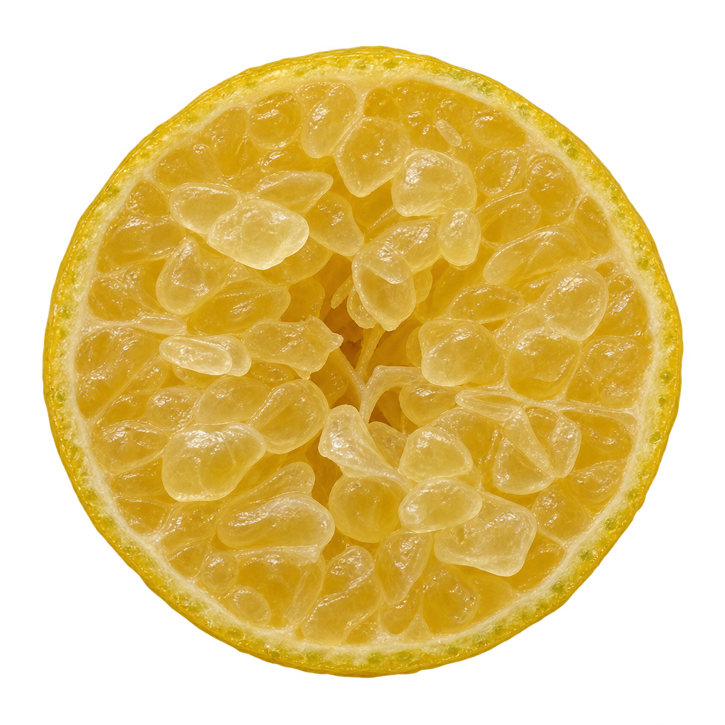 Generated approximation of a head-on Eremorange cross section with pale golden bead-like juice vesicles and a thin yellow rind