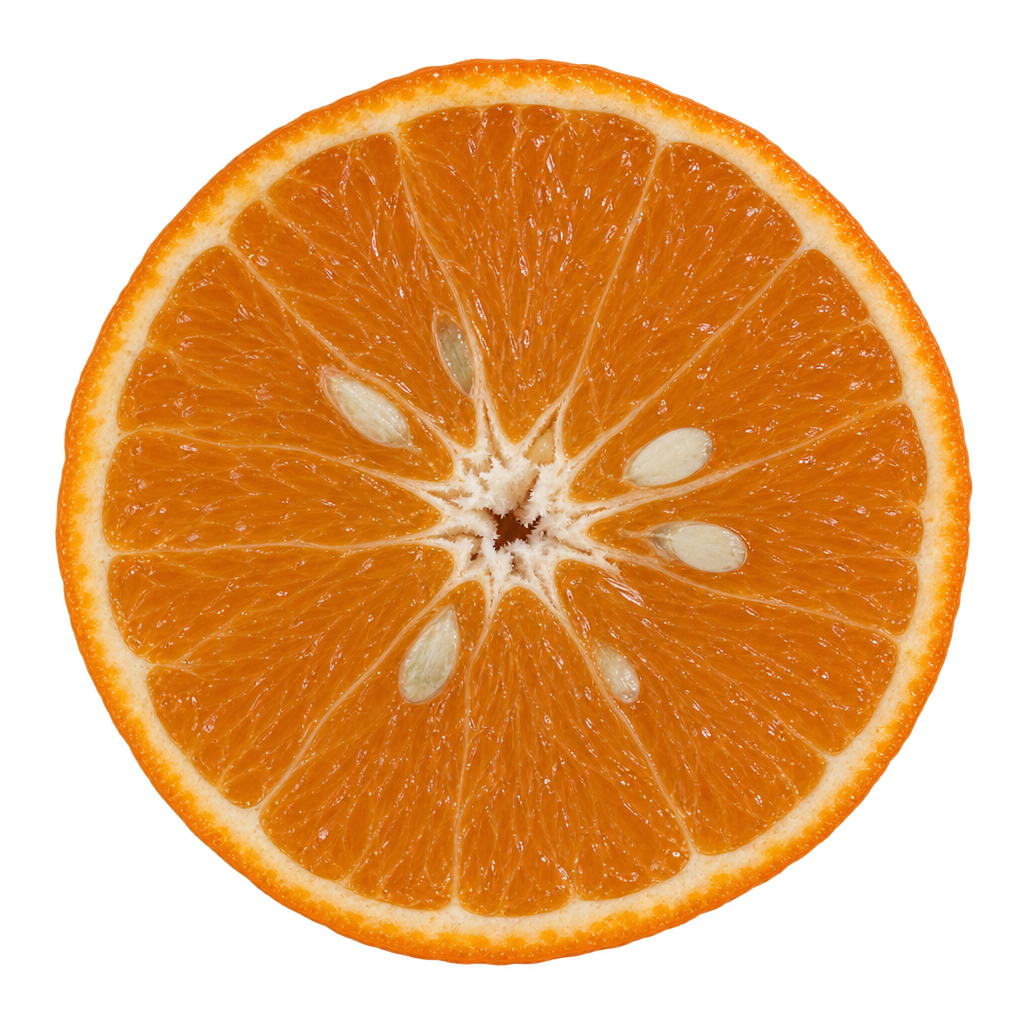Generated depiction of a Sampson Tangelo equatorial cross section with orange flesh, thin cream pith and ivory seeds