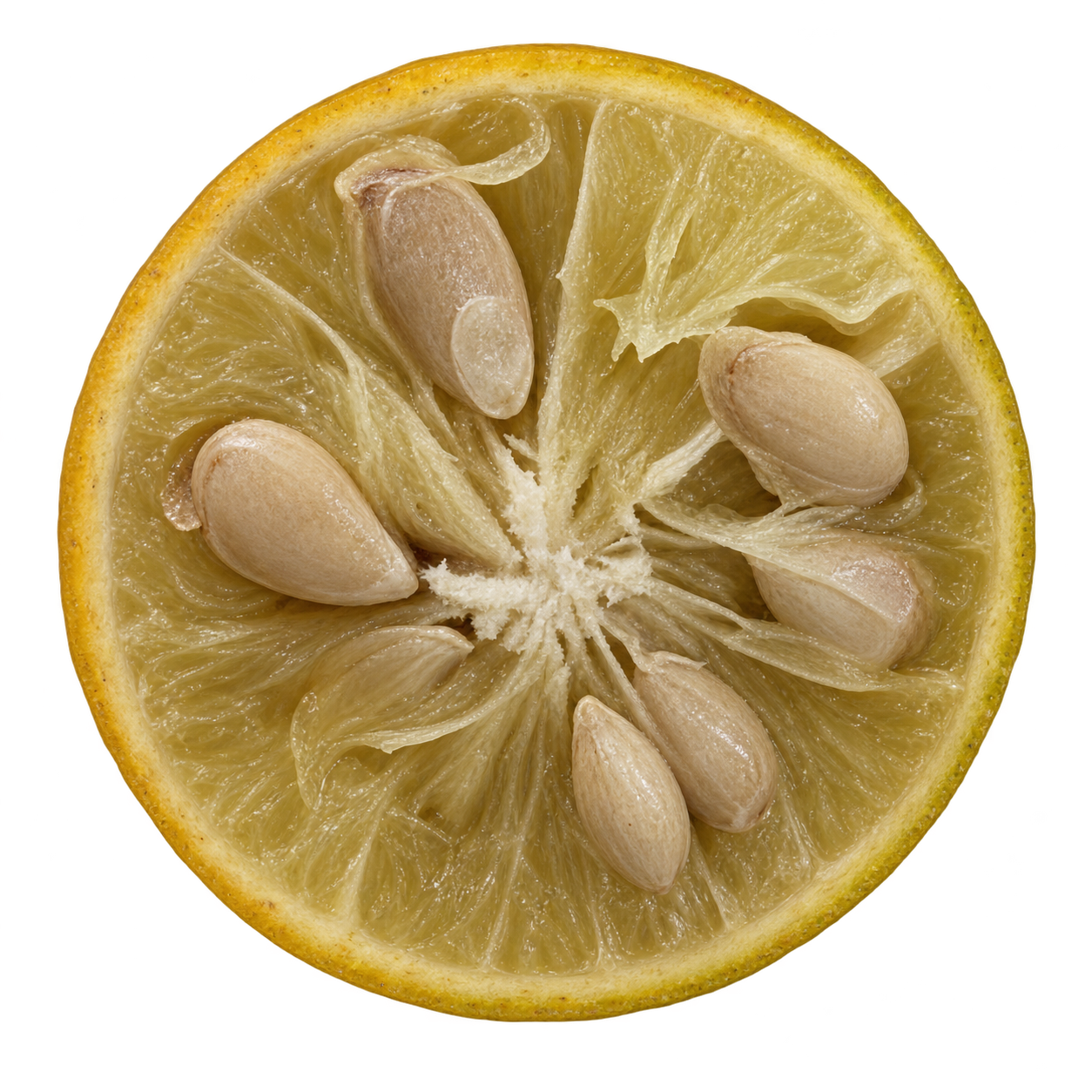 Generated depiction of a Conestoga 026 Citrange cross section viewed head-on, with pale yellow-olive flesh, thin attached rind, and several large ivory-to-tan seeds
