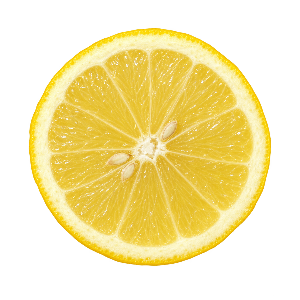 Generated depiction of a Lisbon Lemon cross section viewed head-on, with pale yellow flesh, attached cream pith and a few ivory seeds