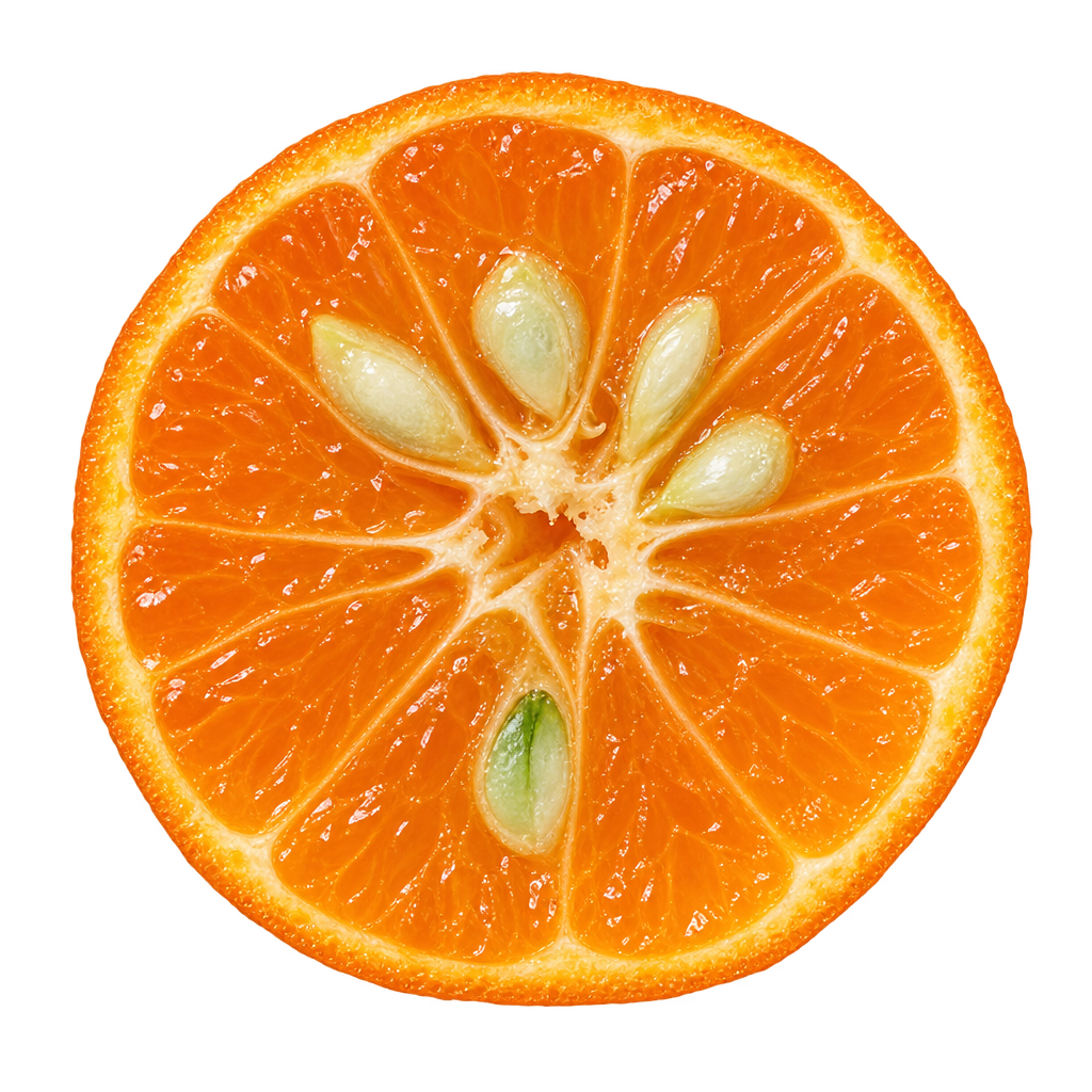 Generated depiction of a Calamondin cross section viewed head-on, with orange flesh, a thin rind and several pale seeds near the center