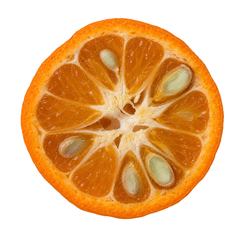 Generated depiction of a Cleopatra Mandarin equatorial cross section viewed head-on, with orange-amber flesh, thin cream pith and prominent pale seeds