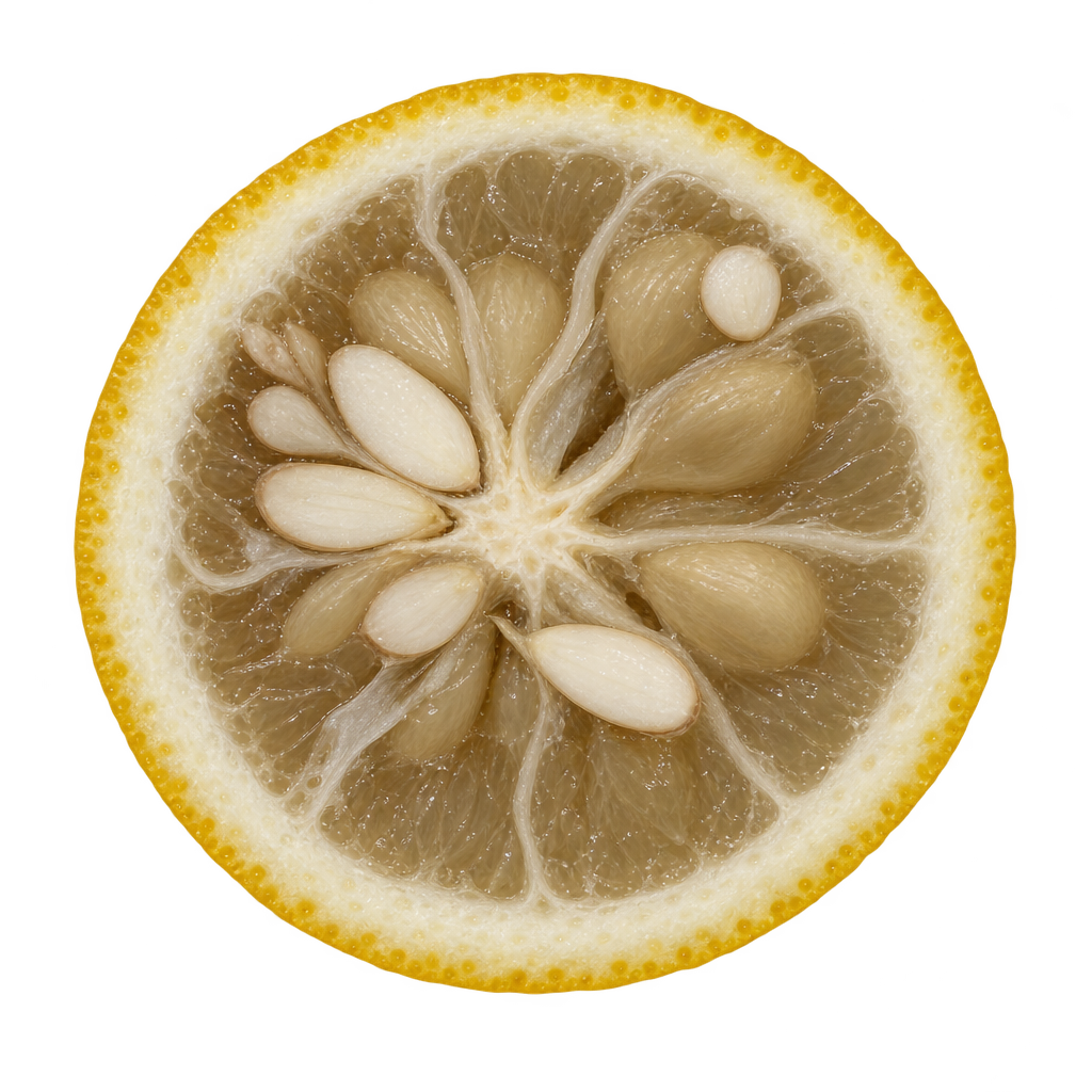 Generated head-on Ichang Papeda (CRC 3931) cross section with muted grey-tan segment flesh, creamy attached pith and large ivory seeds