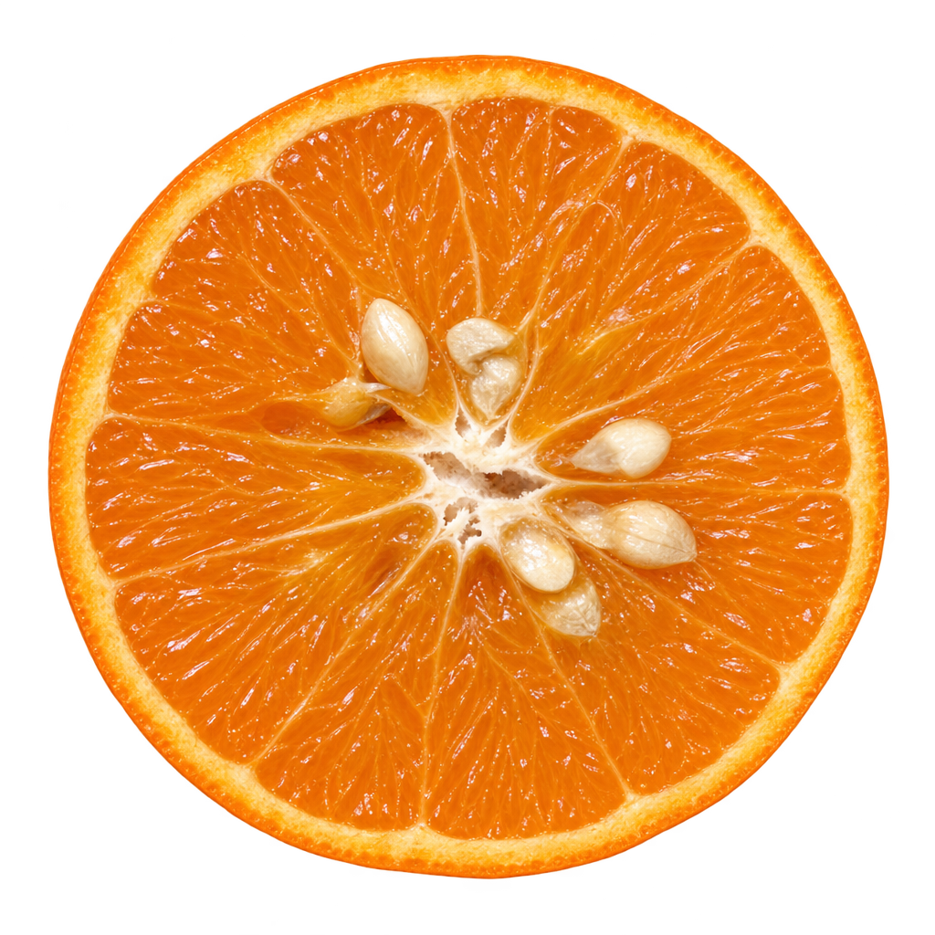 Generated depiction of a Murcott Mandarin equatorial cross section with orange flesh, thin attached creamy pith and ivory seeds near the center