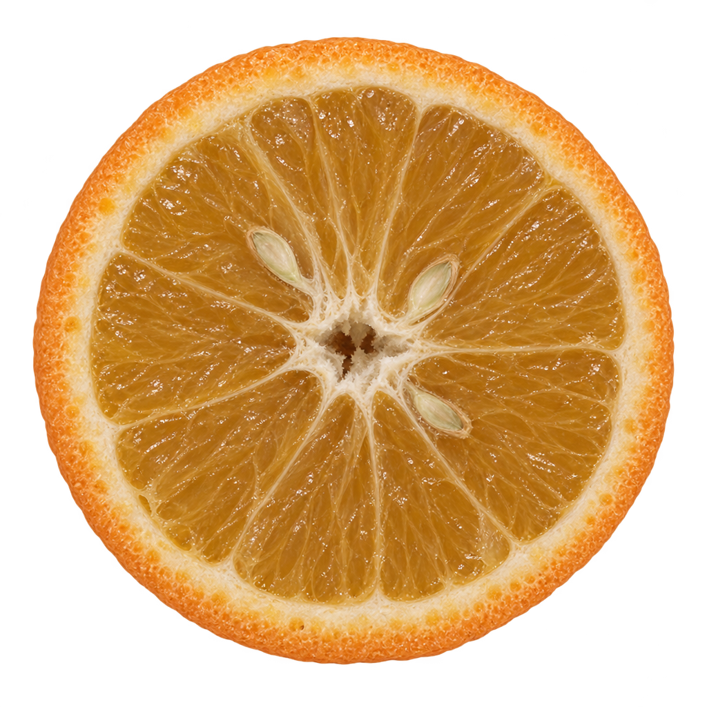 Generated depiction of a Chinotto Sour Orange equatorial cross section viewed head-on, with muted amber flesh, attached cream pith and a few ivory seeds
