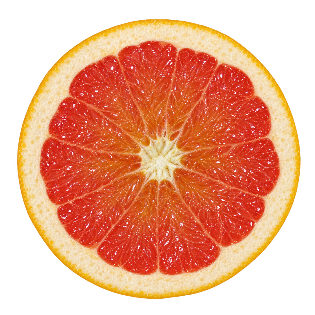 Generated depiction of a Ray Ruby Grapefruit equatorial cross section with ruby-coral flesh, cream membranes, and an attached ivory pith ring