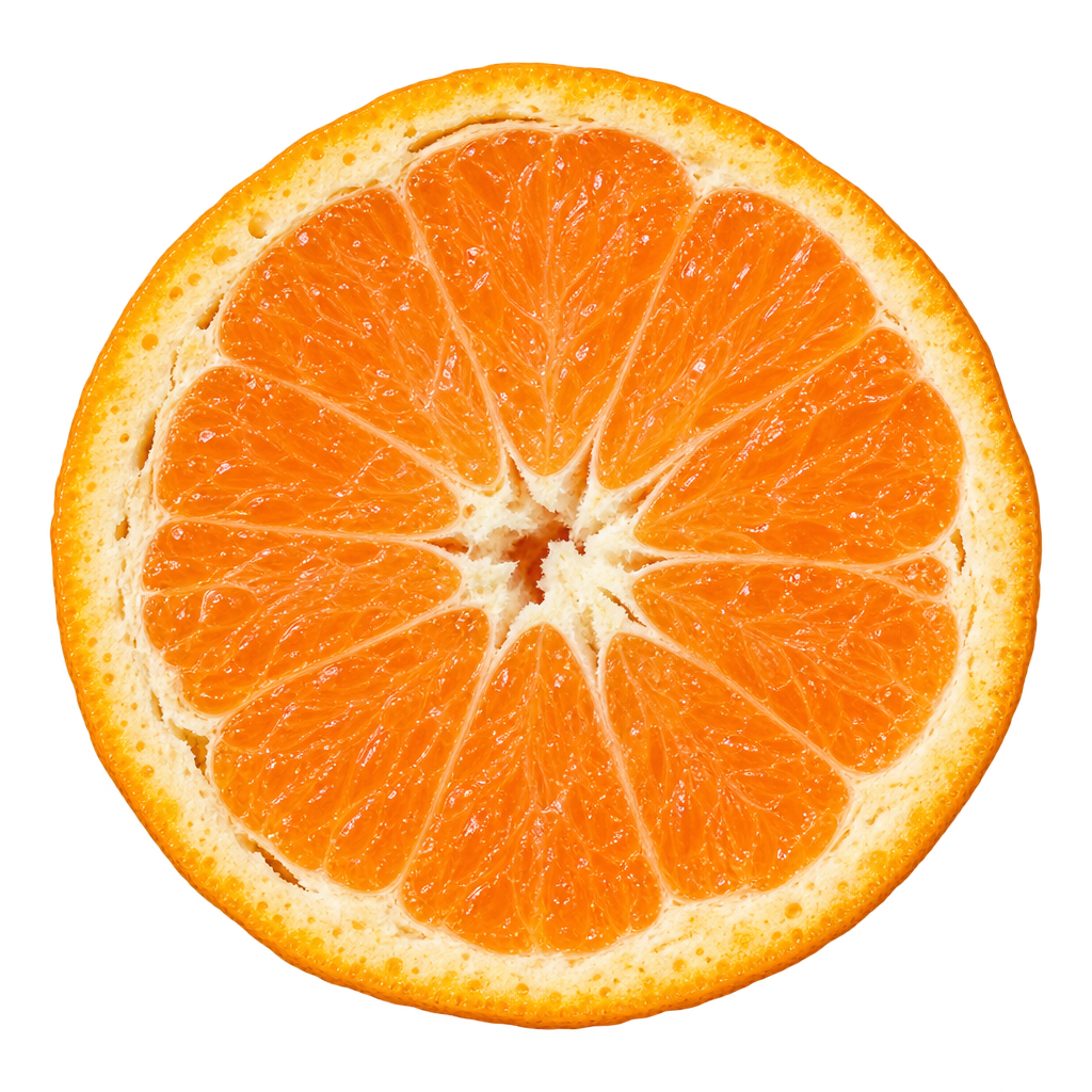 Generated head-on Kawano Wase Satsuma cross section with orange flesh, attached creamy pith and small local peel separations