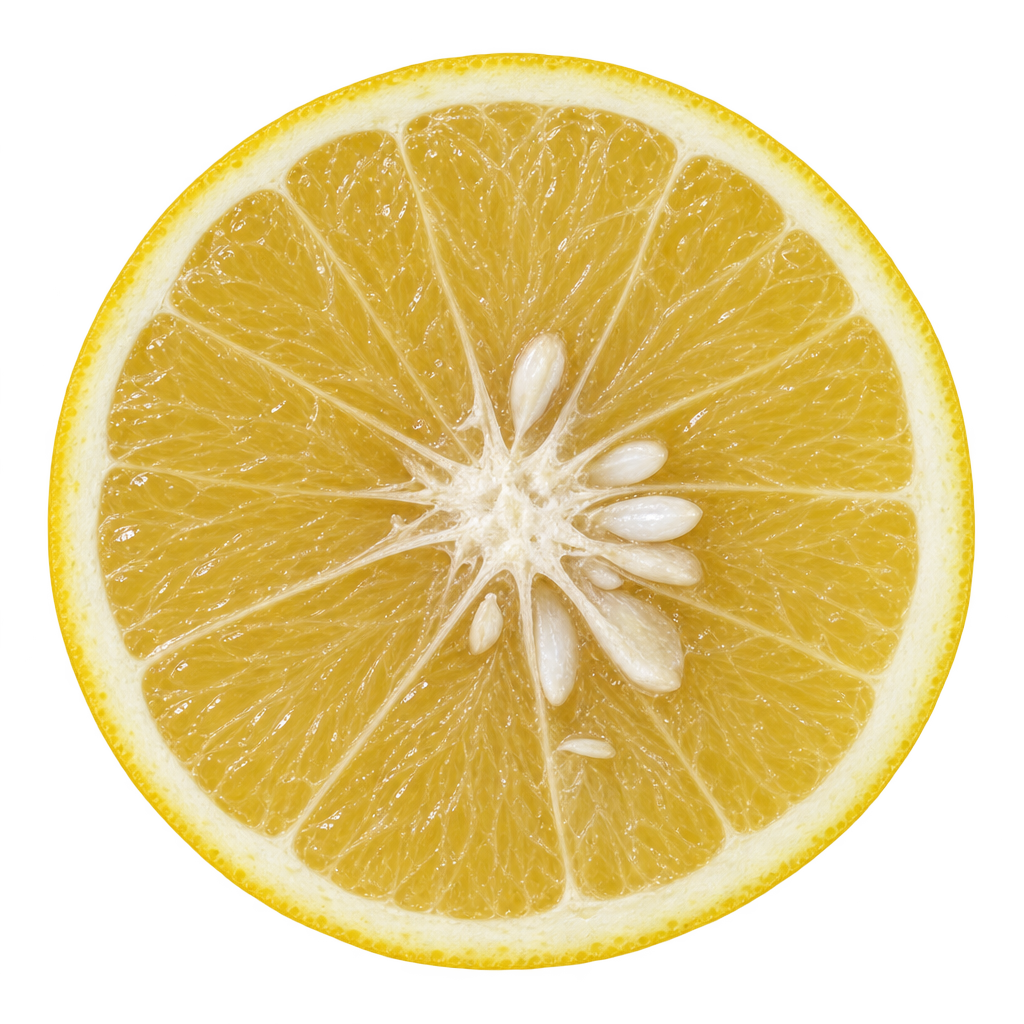 Generated depiction of a Kona Sweet Orange equatorial cross section with pale golden-yellow flesh, cream pith and ivory seeds