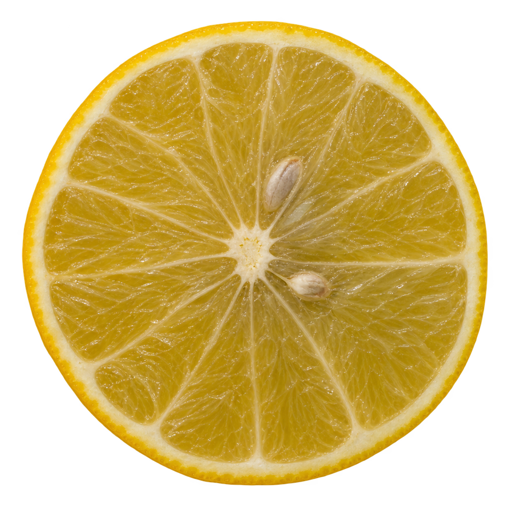 Generated head-on Savage Citrange cut face with straw-yellow flesh, attached creamy pith, cut seeds and a filled core.