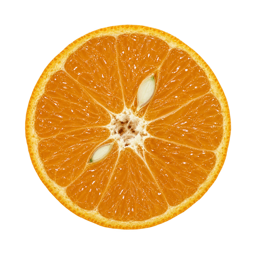 Generated depiction of an EncoreLS Mandarin cross section viewed head-on, with juicy orange flesh, thin cream pith and a few ivory seeds