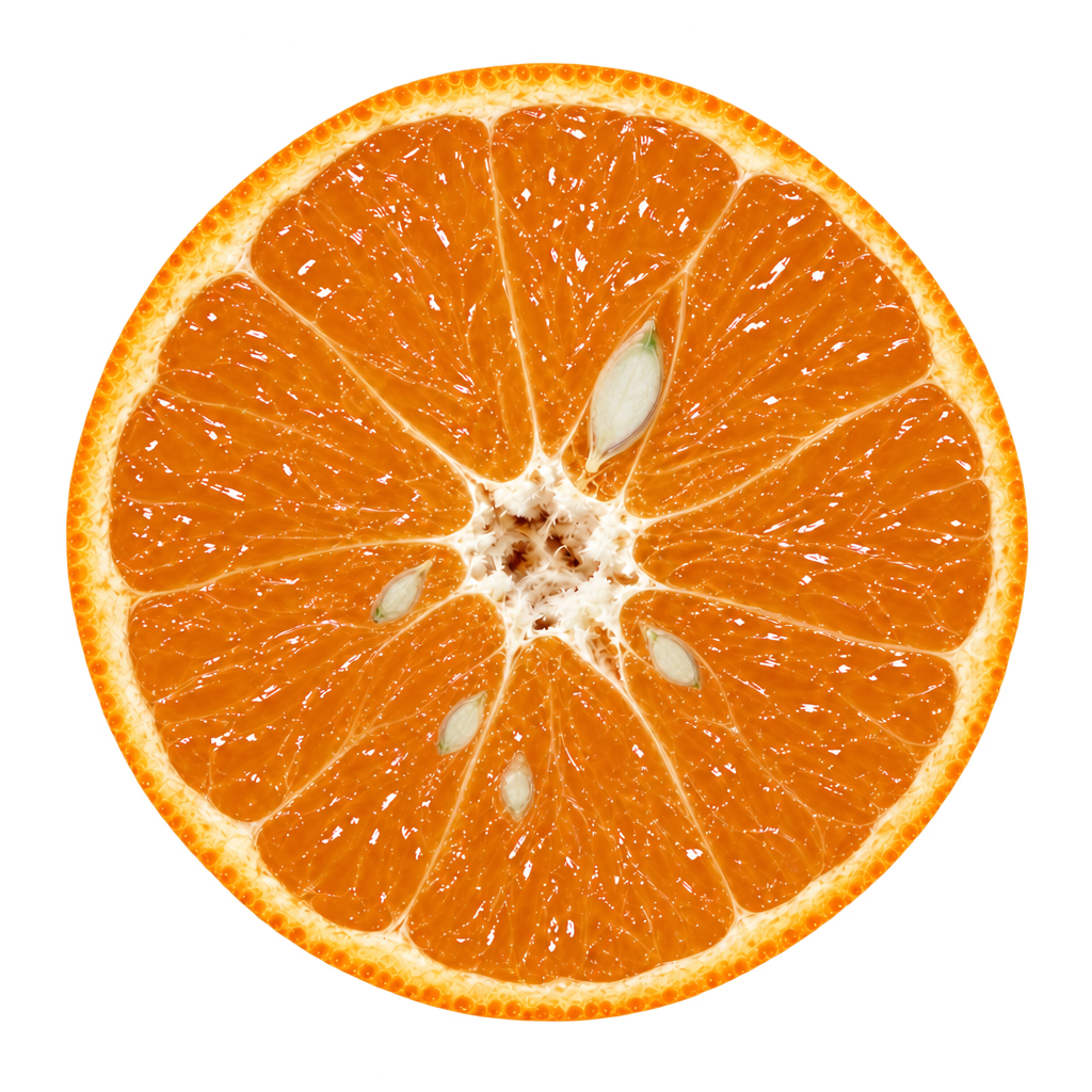 Generated depiction of an Encore Mandarin cross section viewed head-on, with juicy orange flesh, thin cream pith and several small ivory seeds near the core