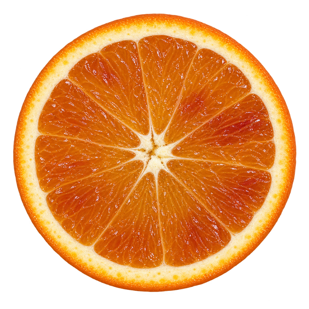 Generated depiction of a Ruby Blood Orange equatorial cross section viewed head-on, with amber-orange flesh, restrained red streaks and cream pith
