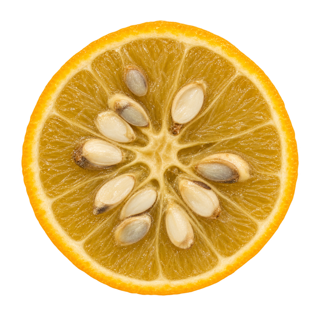 Generated depiction of a Rich 16-6 Trifoliate cross section viewed head-on, with muted amber-yellow flesh, thin cream pith and many large ivory seeds