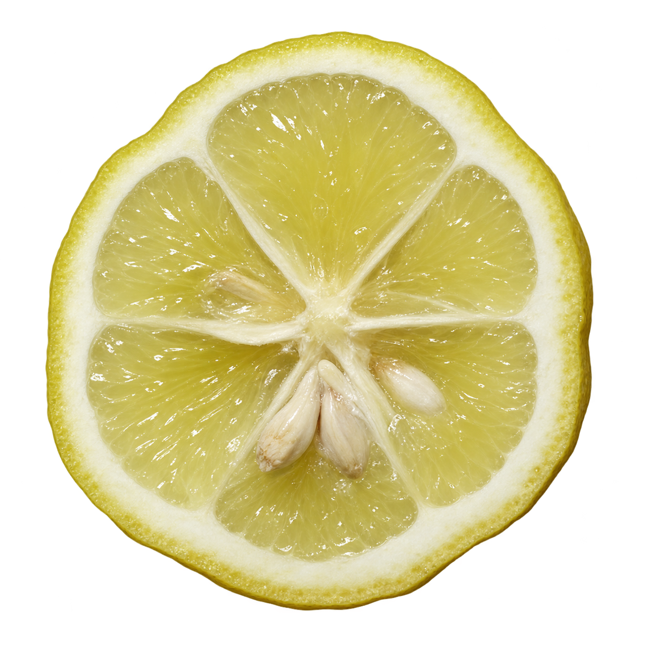 Generated depiction of a Citremon cross section viewed head-on, with pale lemon-yellow flesh, attached cream pith and clustered ivory seeds near the center