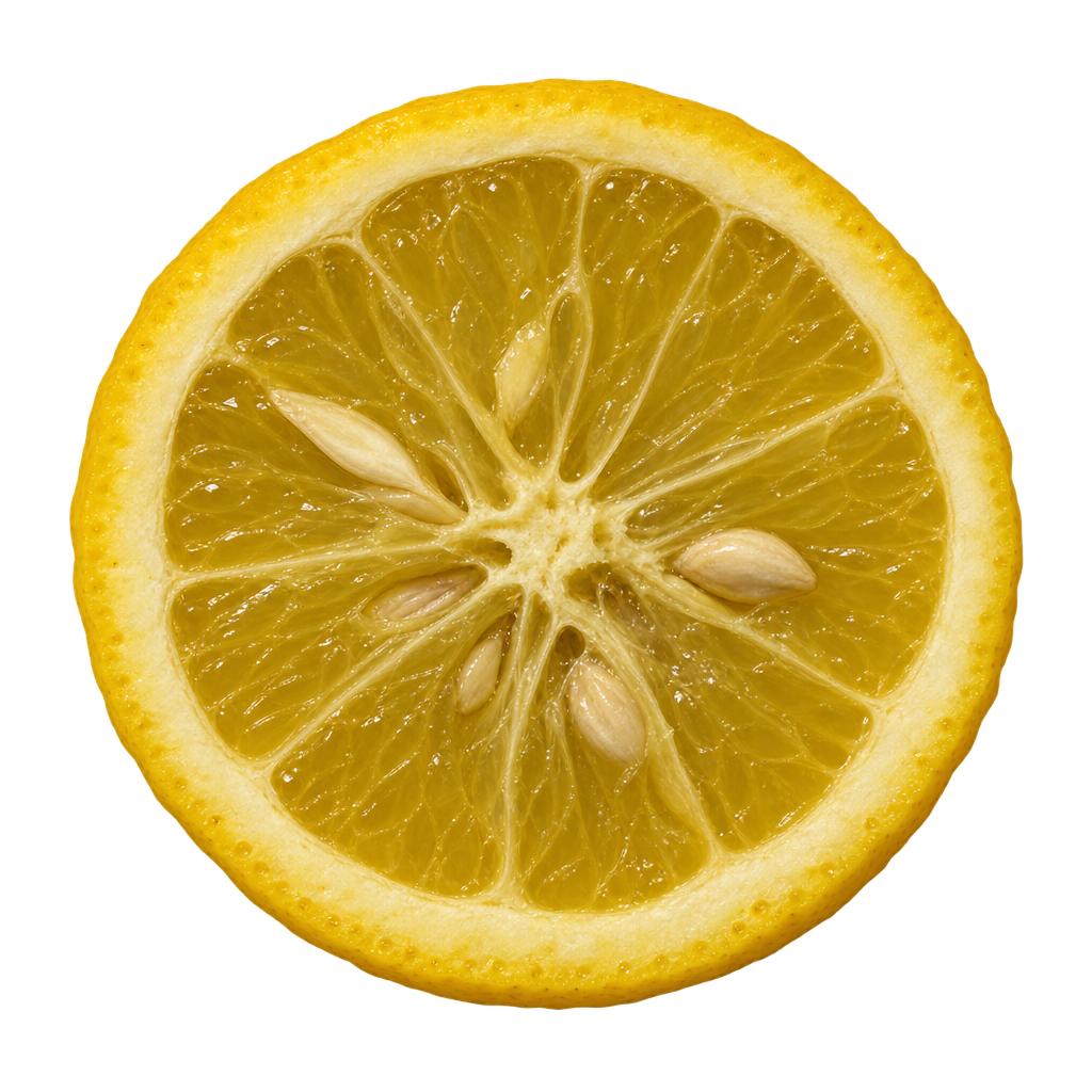 Generated depiction of a US-1282 Citrandarin cross section viewed head-on, with muted amber-yellow flesh, attached cream pith and several pale seeds
