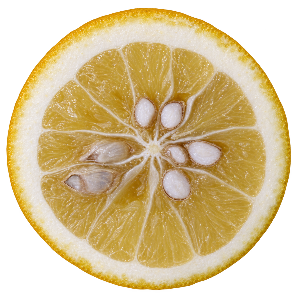 Generated Trifeola cross section with pale yellow flesh, cream pith and central ivory seeds