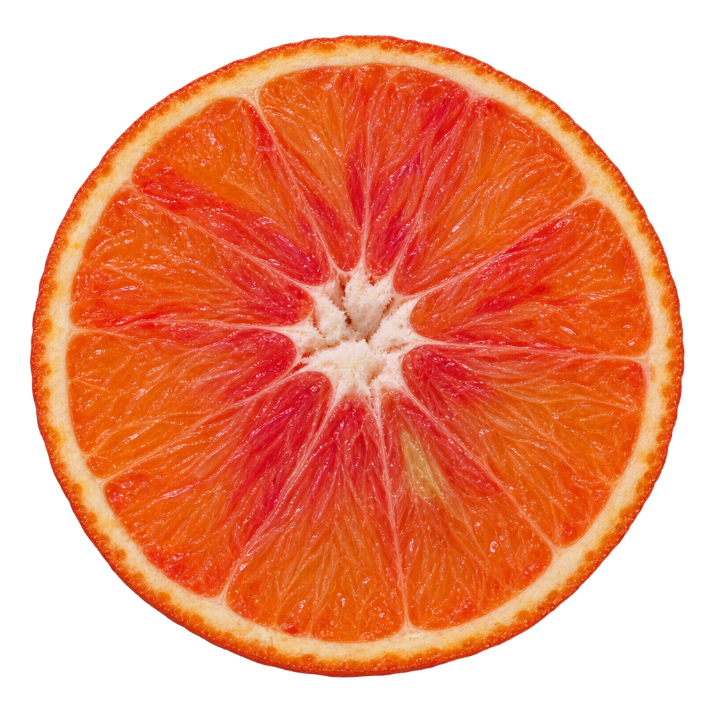 Generated depiction of a Raspberry tangor equatorial cross section with orange flesh, uneven raspberry-red pigmentation and a thin cream pith ring