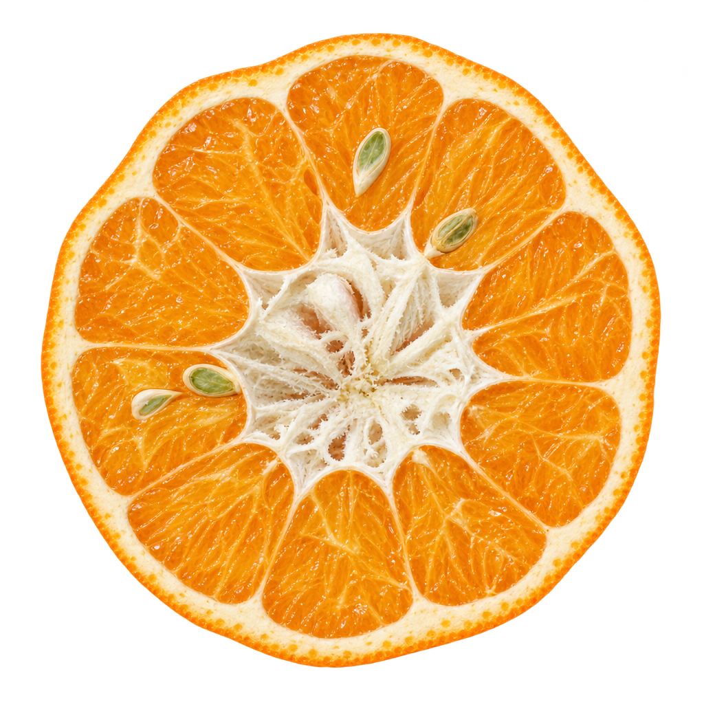 Trimble tangerine cross section with orange flesh, irregular central pith and visible seeds
