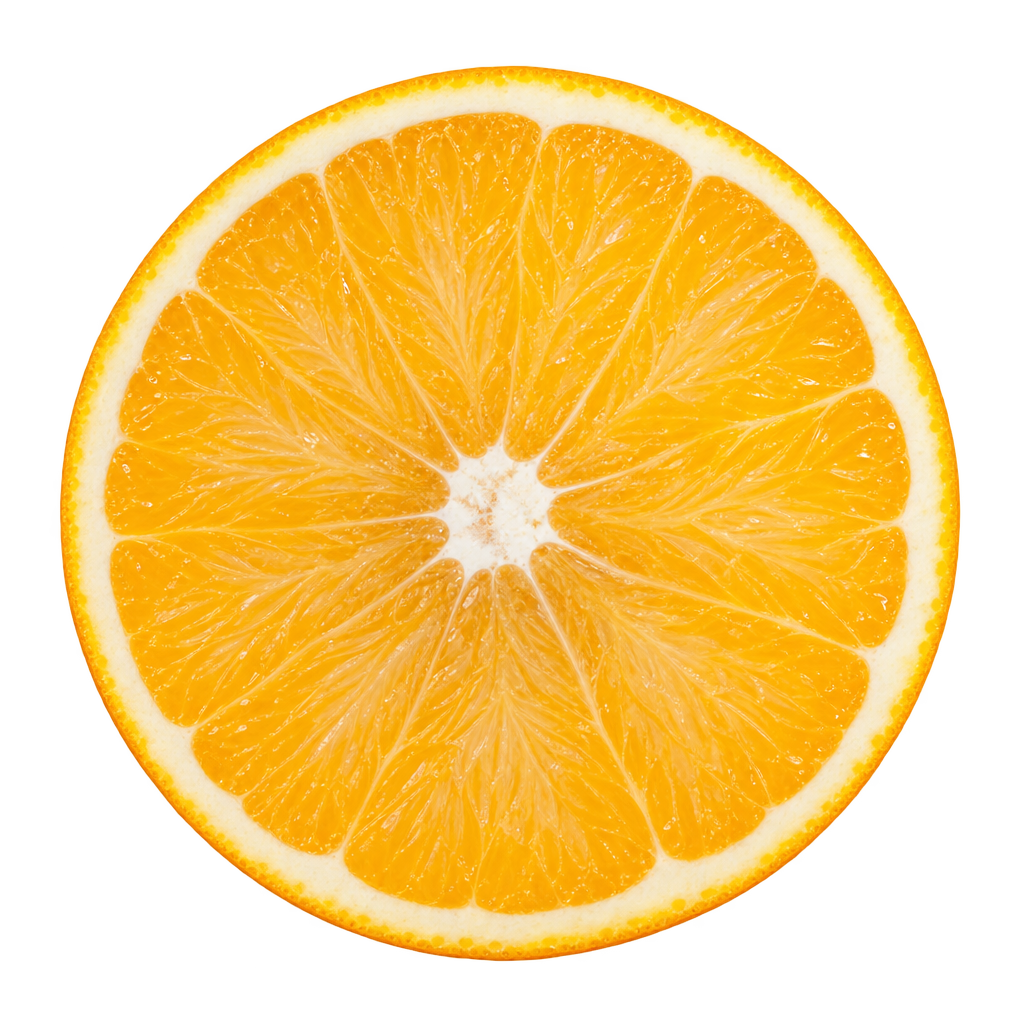 Generated depiction of a Marrâ€™s Early Sweet Orange cross section viewed head-on, with golden-orange flesh, an irregular creamy core and narrow attached pith, following the supplied specimen