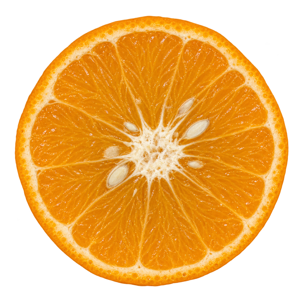 Generated head-on Wilking Mandarin cross section with golden-orange segments, attached cream pith, ivory cut seeds and a filled core.
