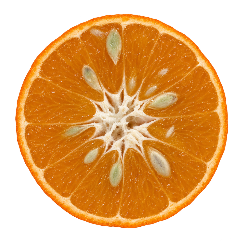 Generated head-on Lee Mandarin cross section with orange-amber flesh, attached creamy pith and elongated pale seeds