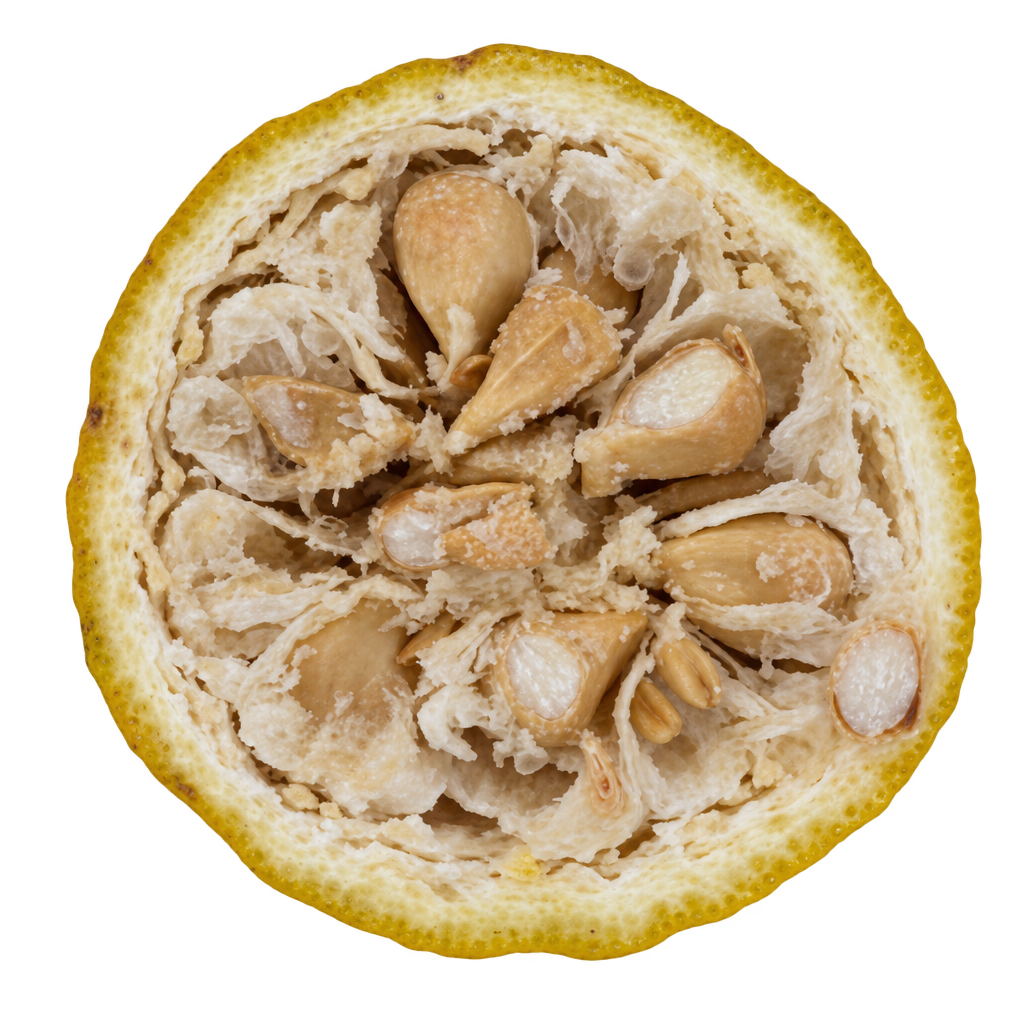 Generated head-on near-pulpless Ichang Papeda cross section with large seeds, stringy pale pith and almost no juicy flesh