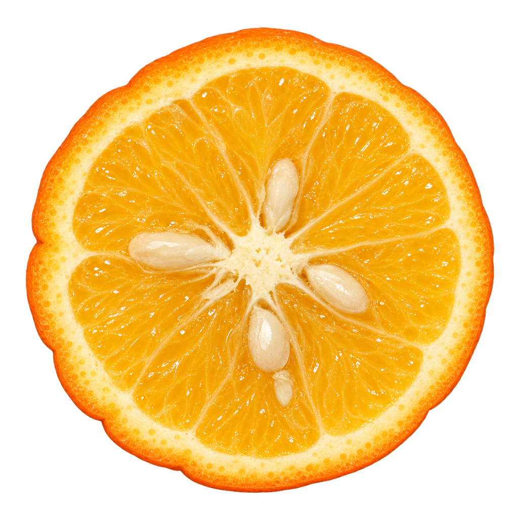 Generated head-on X-639 Citrandarin cross section with yellow-gold flesh, attached cream pith, ivory seeds and an opaque natural core.