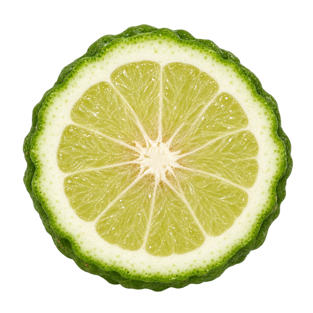 Generated head-on Kaffir Lime cross section with pale yellow-green flesh, attached cream pith and an uneven green rind rim
