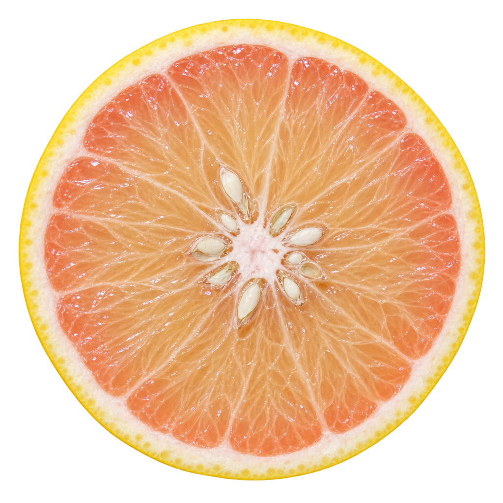 Generated head-on Wekiwa Tangelo cross section with peach-gold and pale salmon-pink flesh, attached cream pith, ivory seeds and a filled core.