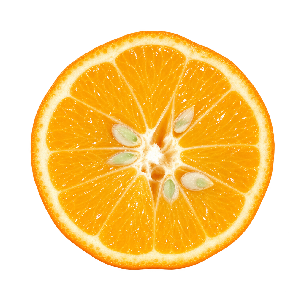 Generated depiction of a Rangpur lime equatorial cross section with golden-orange flesh, thin cream pith and pale seeds near the center