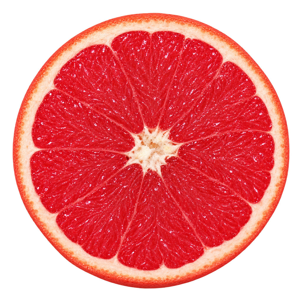 Generated approximation of a Texas Red (TR-1) Grapefruit equatorial cross section viewed head-on, with deep ruby-red flesh and a narrow attached cream pith ring