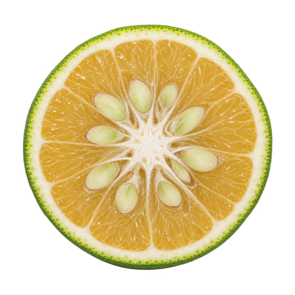 Generated Sudachi cross section with golden-yellow flesh, cream pith, green rind and pale seeds near the core