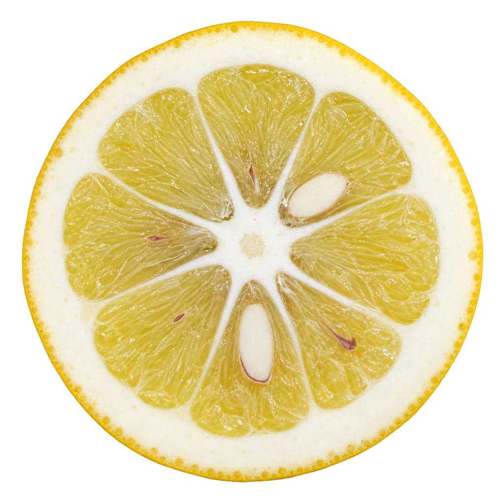 Generated 5 Star citrumelo equatorial cross section with pale yellow-green flesh, broad cream pith and ivory seeds