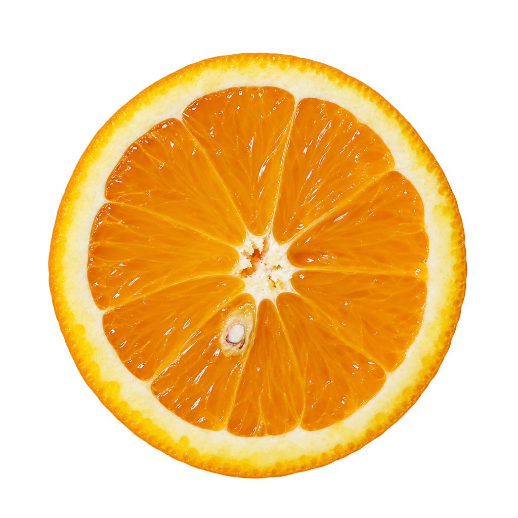 Generated depiction of a head-on Valencia Orange equatorial section with golden-orange flesh, attached cream pith and an illustrative ivory seed