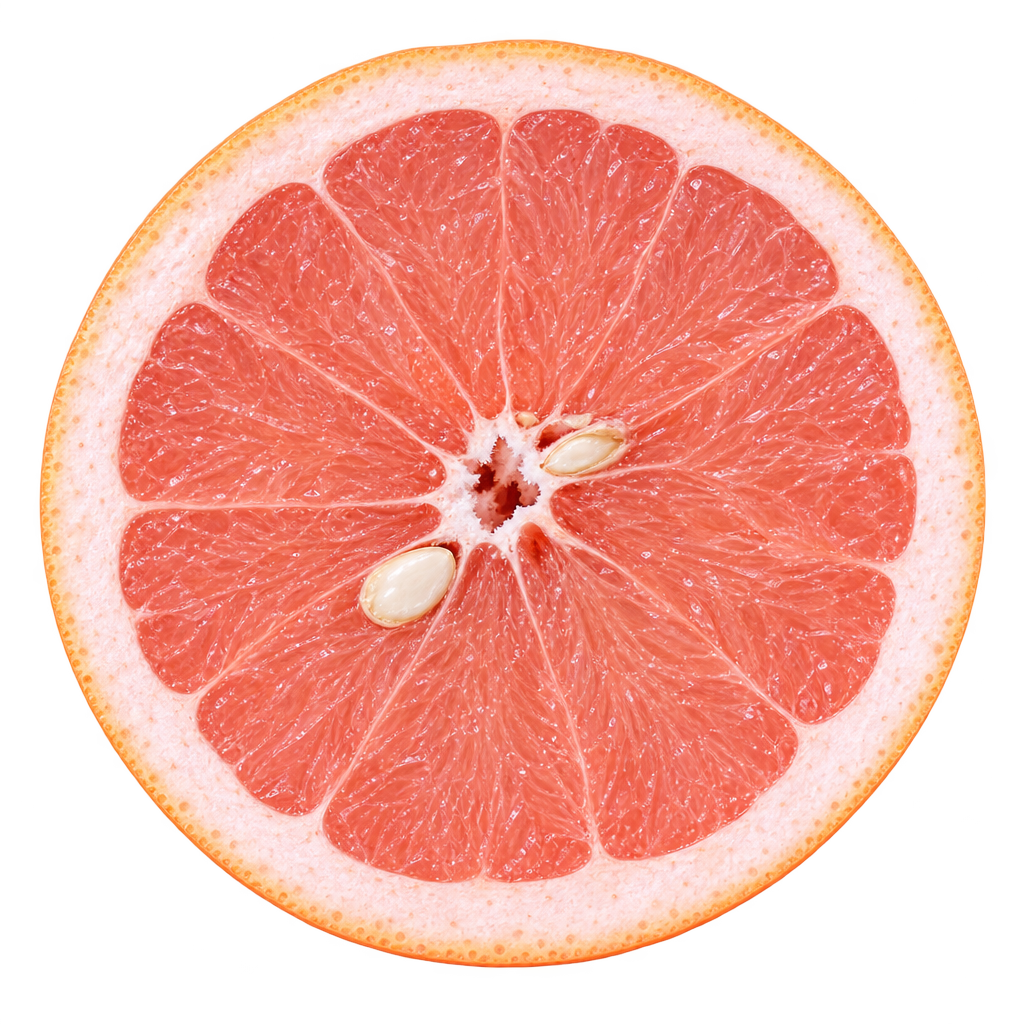 Generated approximation of a head-on Flame Grapefruit equatorial cross section with salmon-pink flesh, attached cream pith, an irregular core and a couple of ivory seeds