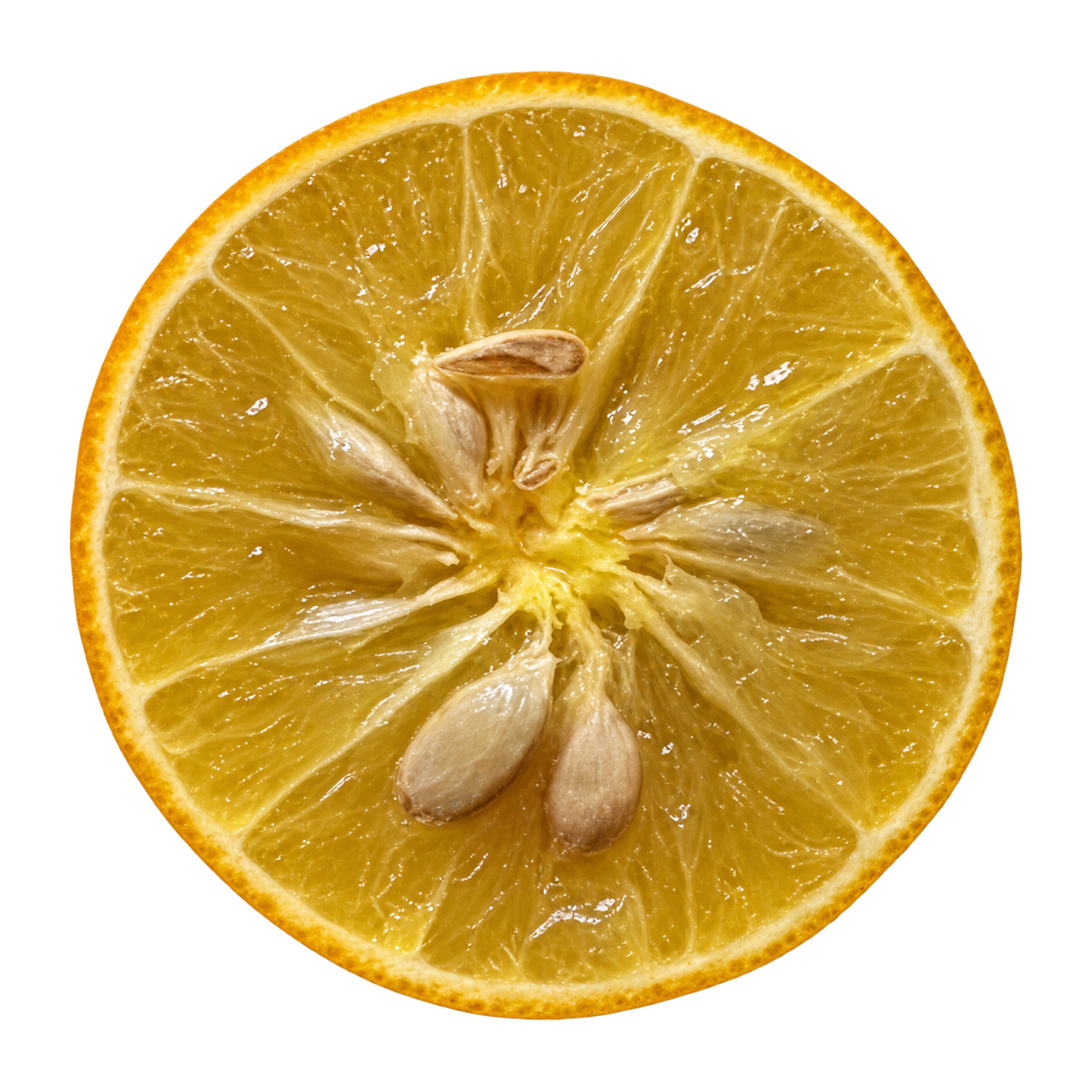 Generated depiction of a US-1279 Citrandarin cross section viewed head-on, with yellow-gold flesh, thin attached cream pith and plump pale seeds near the center