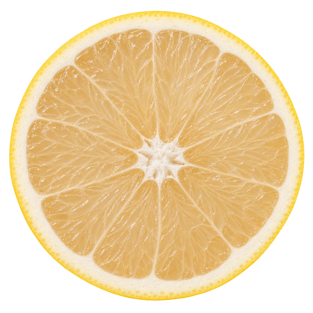 Generated approximation of a head-on Foster Seedless Grapefruit equatorial section with pale straw flesh, attached cream pith and no visible seeds
