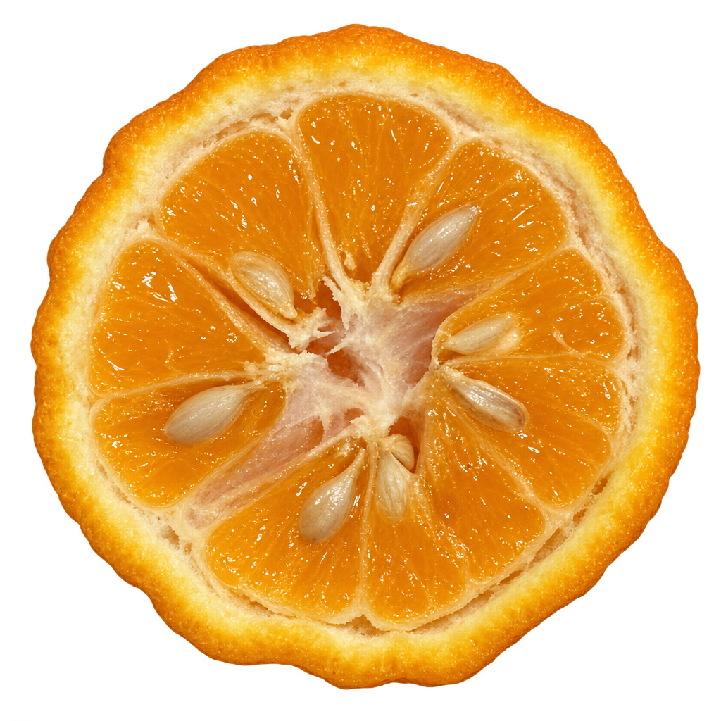 Generated head-on Ventura Lemandarin cross section with amber-orange flesh, attached cream pith and ivory seeds around an irregular filled core.