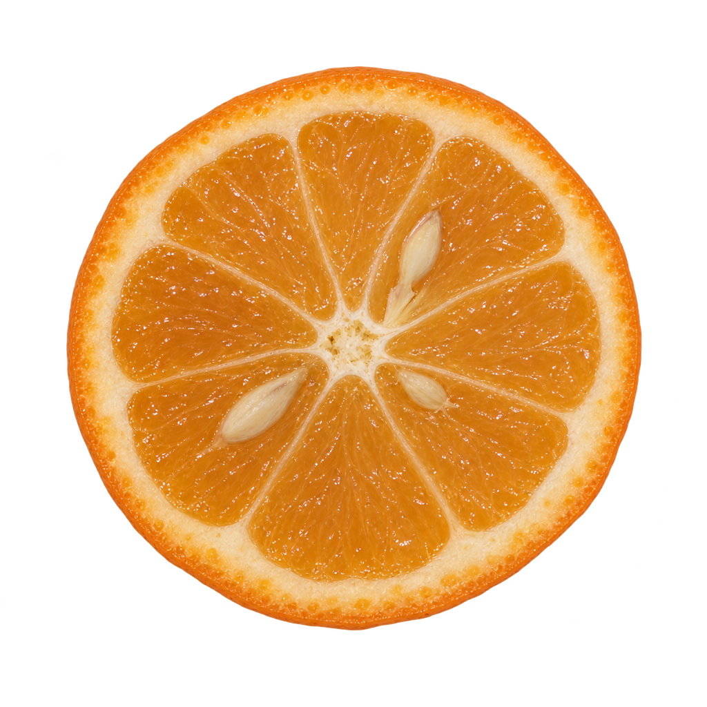 Generated head-on Nippon Orangequat cross section with amber-orange flesh, cream pith and a few ivory seeds
