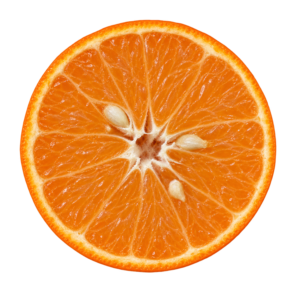 Generated approximation of an Algerian Clementine equatorial section with orange flesh, thin cream pith and a few ivory seeds near an irregular core
