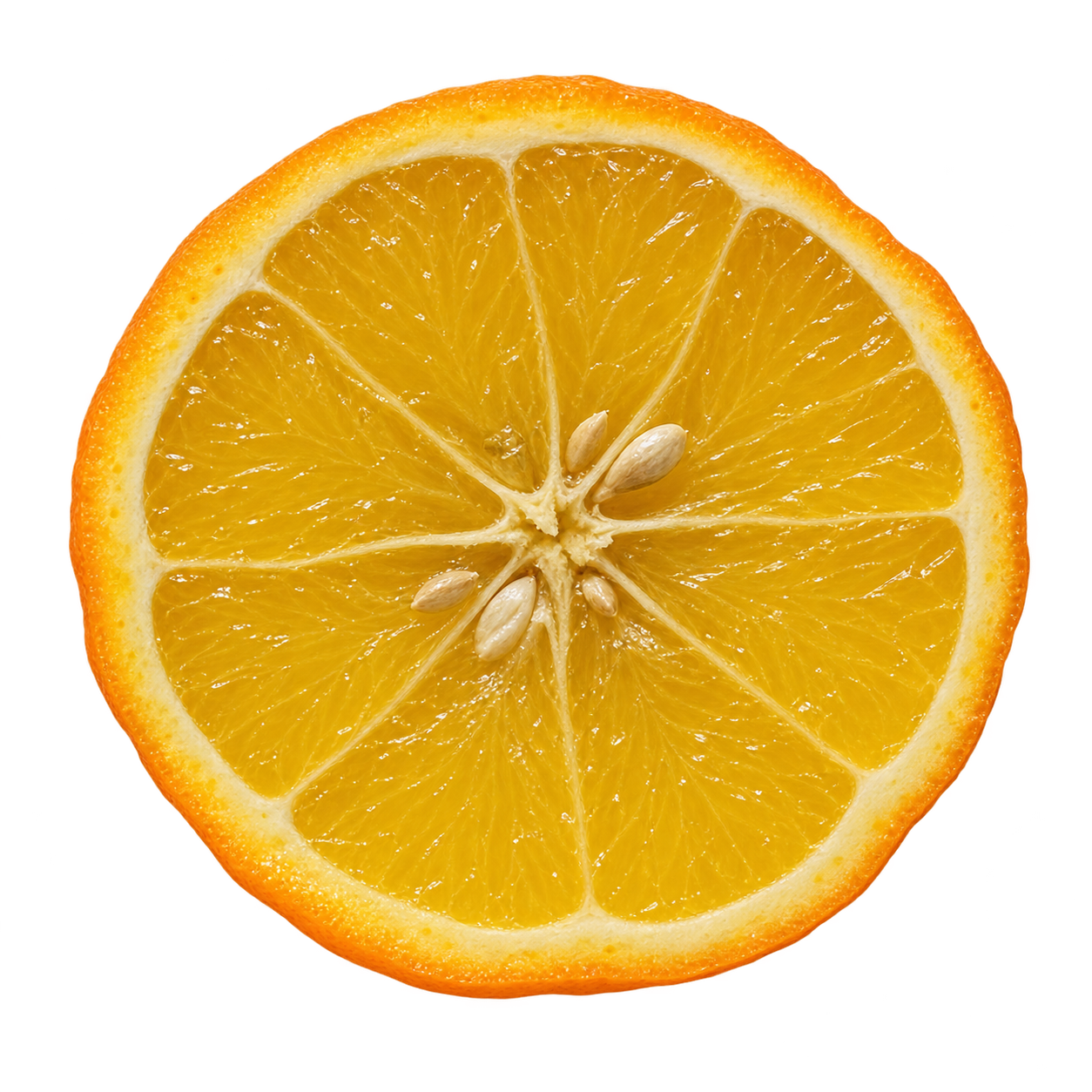 Generated depiction of a Benton Citrange cross section with golden-yellow flesh, narrow attached cream pith and a few ivory seeds near the center