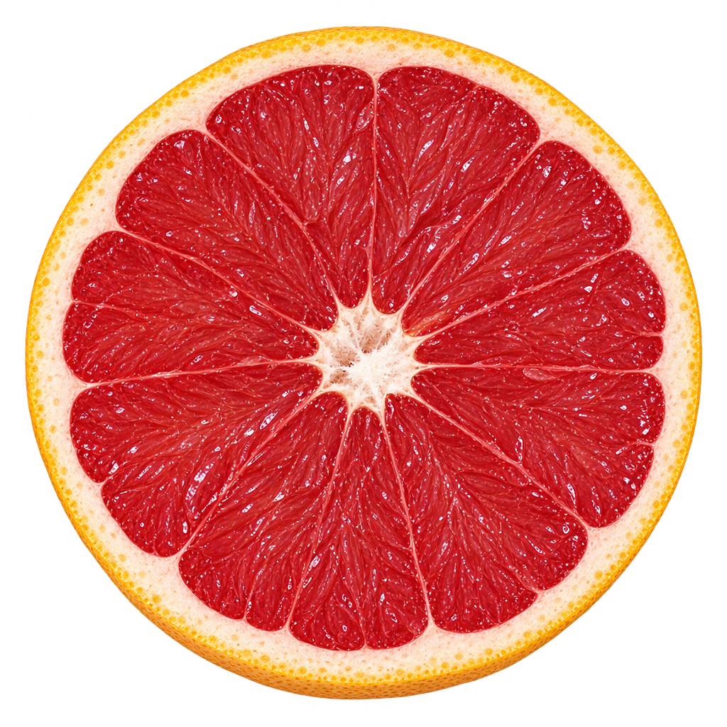 Generated depiction of a Ruby Red Grapefruit equatorial cross section viewed head-on, with deep rose-red flesh, cream pith and a small cream core