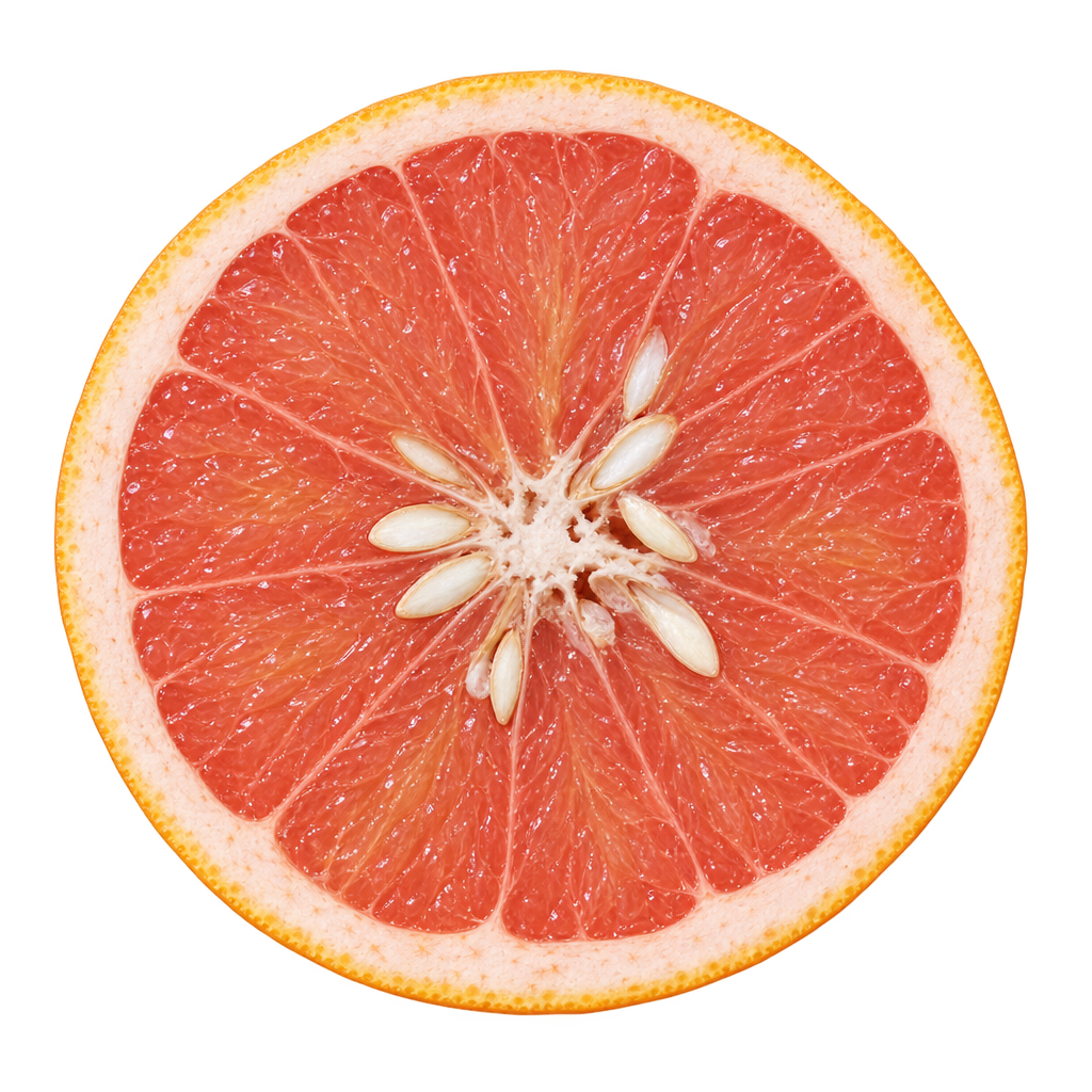 Generated head-on Hudson Foster Grapefruit cross section with coral-pink flesh, attached creamy pith and illustrative ivory seeds
