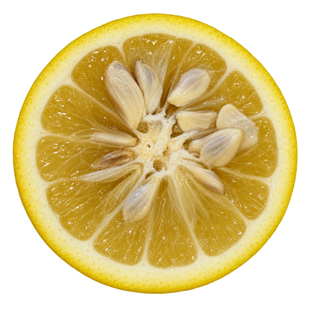 Generated depiction of a Taiwanica Lemon equatorial cross section with pale golden flesh, creamy pith and numerous large ivory seeds