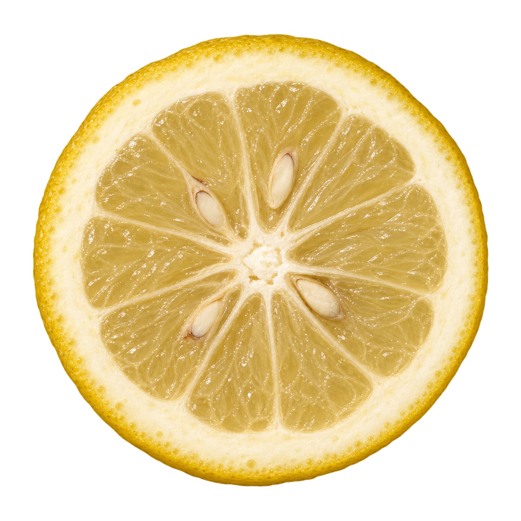 Generated head-on Granitos Sour Orange cross section with pale straw flesh, attached cream pith and a few ivory seeds