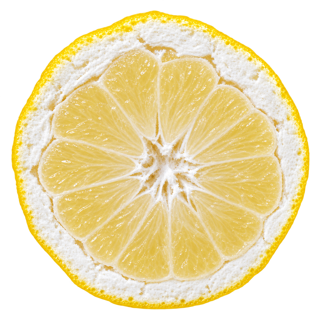 Generated depiction of a Bloomsweet Grapefruit cross section viewed head-on, with pale straw-yellow flesh, fibrous membranes and a broad uneven cream pith layer