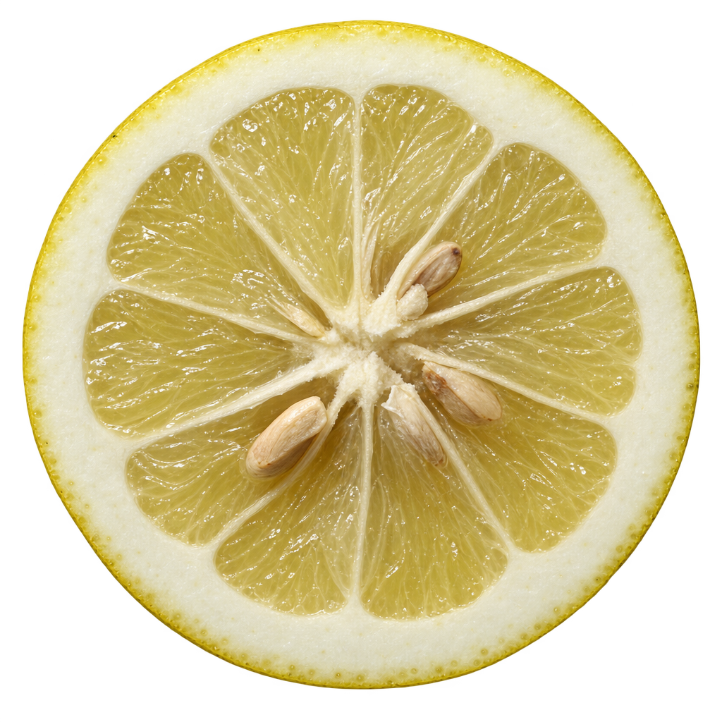 Generated US 5 Star citrumelo equatorial cross section with pale yellow-green flesh, broad cream pith and ivory seeds