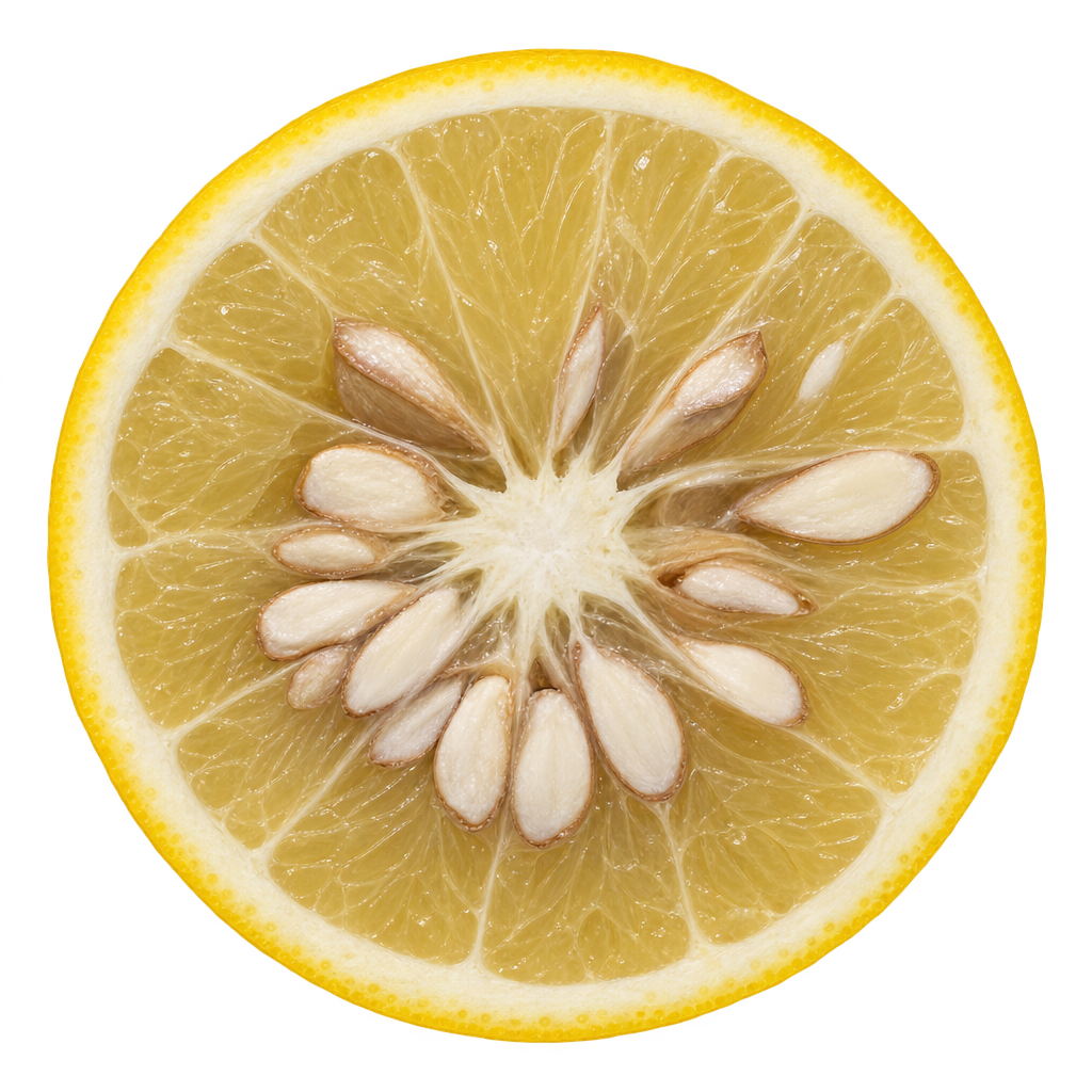 Generated approximation of an African Shaddock x Rubidoux Trifoliate equatorial section with pale straw flesh, attached cream pith and numerous large ivory seeds